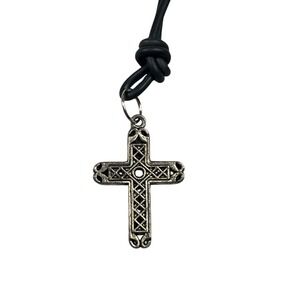 Vintage Silver Tone Celtic Cross Pendant Necklace Black Cord Unisex Gothic Biker